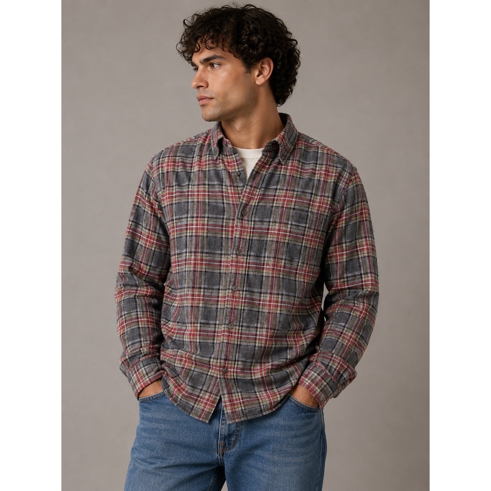 LL Bean Mens Flannel Shirt Large Tall LT Traditional Fit‎ Plaid Grey Red |G1